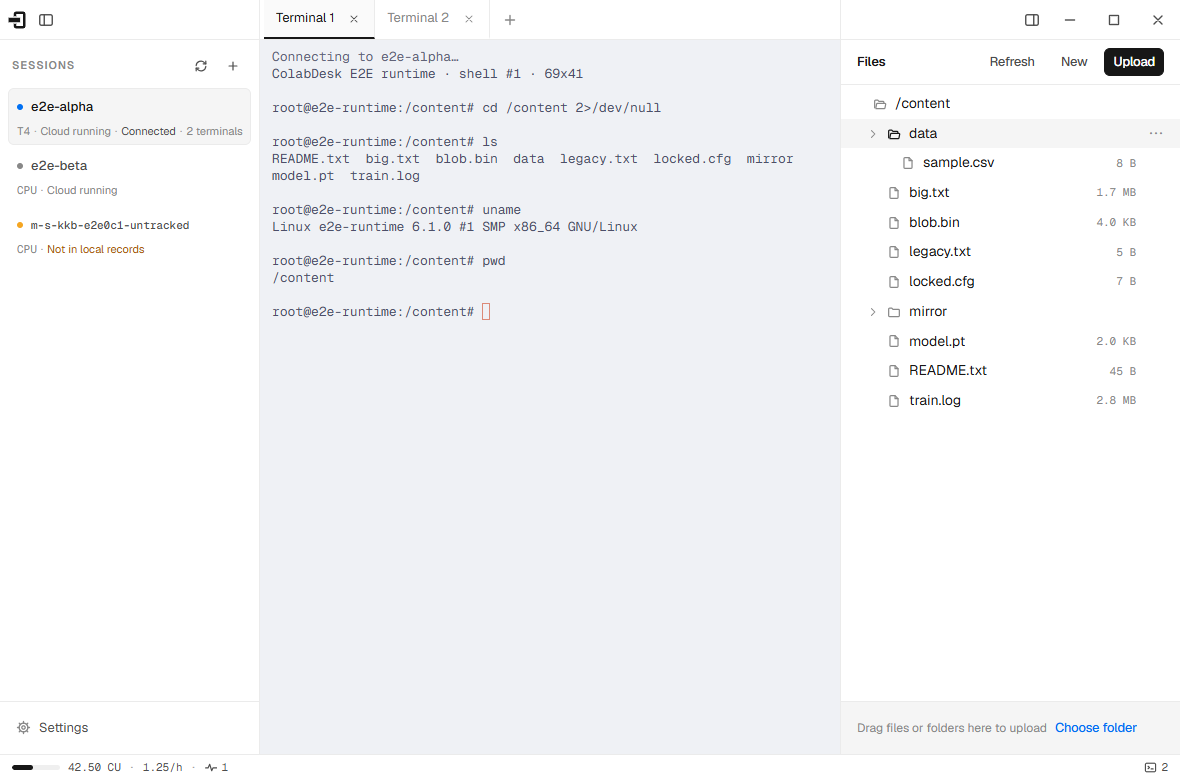 ColabDesk's files panel: the runtime's filesystem as a tree