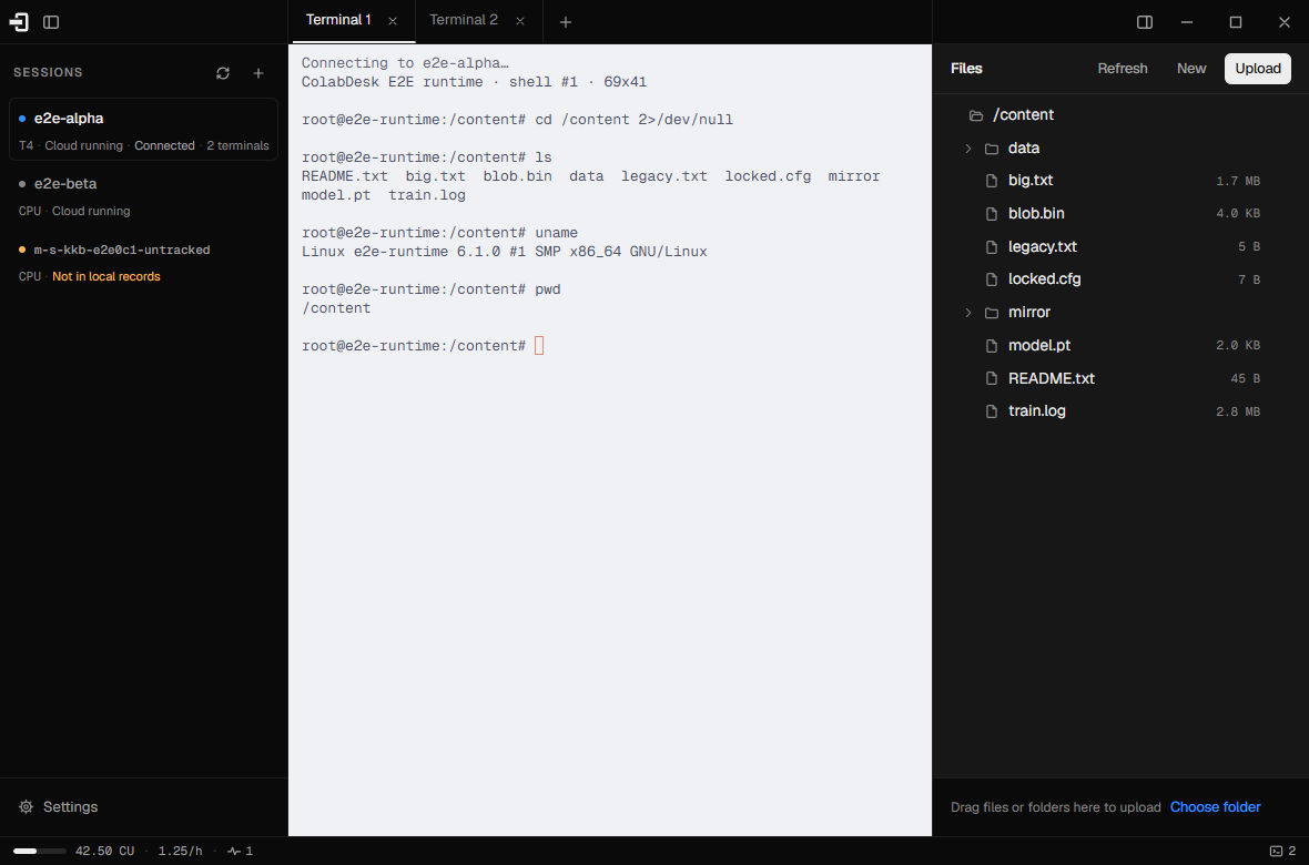 ColabDesk's workbench: the session rail on the left, terminal in the middle, files panel on the right, and the compute-unit status bar along the bottom
